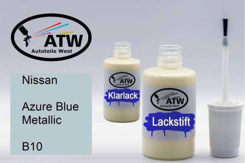 Nissan, Azure Blue Metallic, B10: 20ml Lackstift + 20ml Klarlack - Set, von ATW Autoteile West.